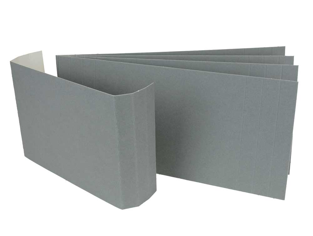 Archival-grade gray boxboard spacers made from acid-free paperboard, designed to keep files upright in a black letter document box.