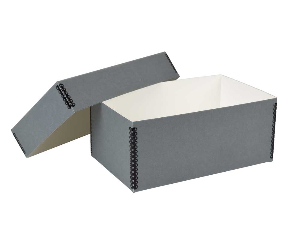 Gray archival Short Top Boxes made from acid-free materials with white interiors, designed for long-term photo and document storage.