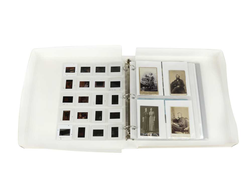 Open tan Binder-In-A-Box combines a 3-ring binder & box made from acid-free materials for preserving photos and documents.