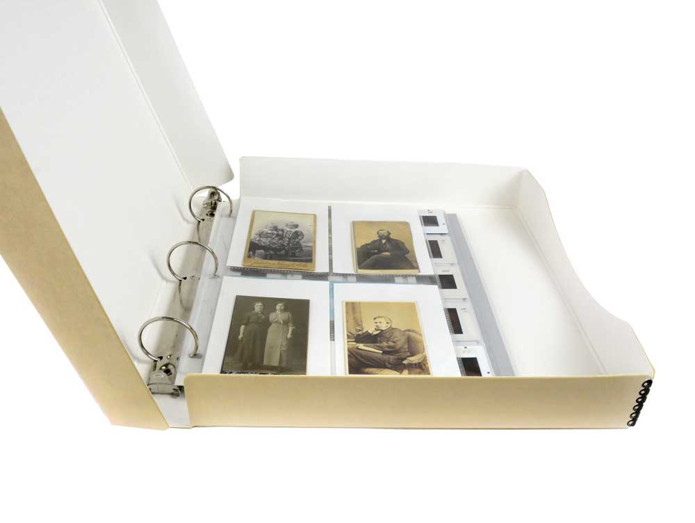 Open tan Binder-In-A-Box combines a 3-ring binder & box made from acid-free materials for preserving photos and documents.