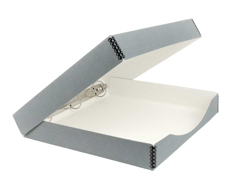 Open gray Binder-In-A-Box combines a 3-ring binder & box made from acid-free materials for preserving photos and documents.