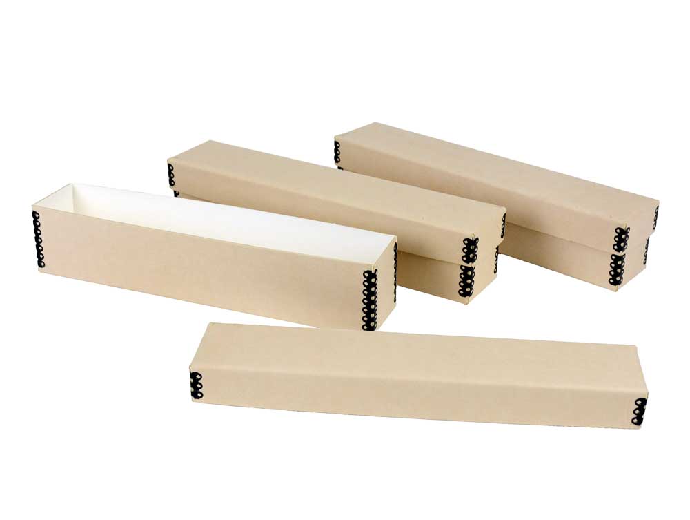 3 tan archival 35mm slide storage boxes made from acid-free materials, each holding up to 200 slides for safe, long-term preservation.