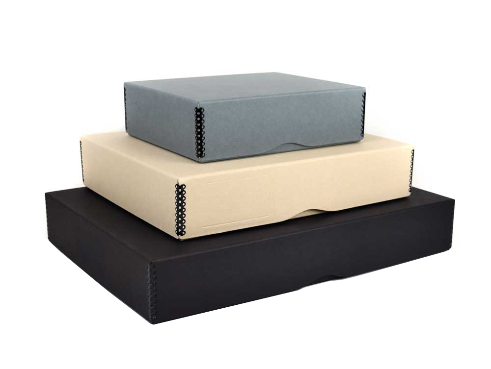 Three archival Full Top Boxes made from acid-free materials, in tan, black, and gray, designed for long-term photo and document storage.