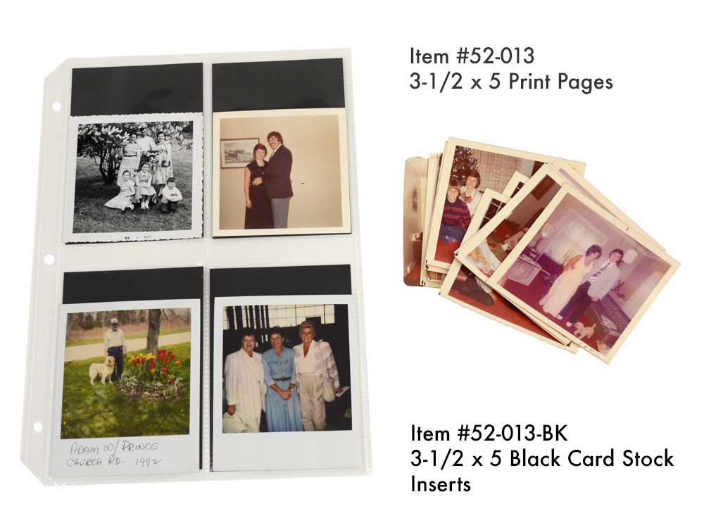 Archival photo and slide pages made of acid-free polypropylene, designed for 3-ring binders, providing durable protection for photos and slides.