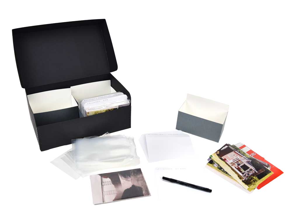 QPO 1202 Kit with a Hinged Lid Box, polyethylene bags, and print organizers for storing up to 1200 prints in archival protection.