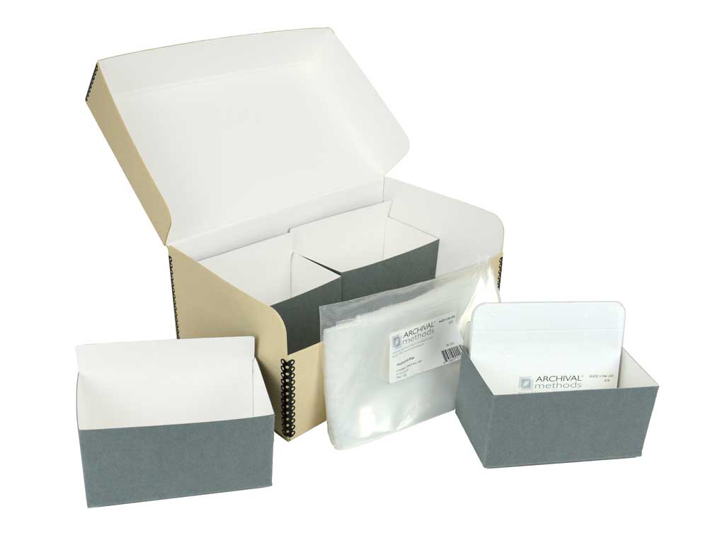 QPO 1202 Kit with a Hinged Lid Box, polyethylene bags, and print organizers for storing up to 1200 prints in archival protection.