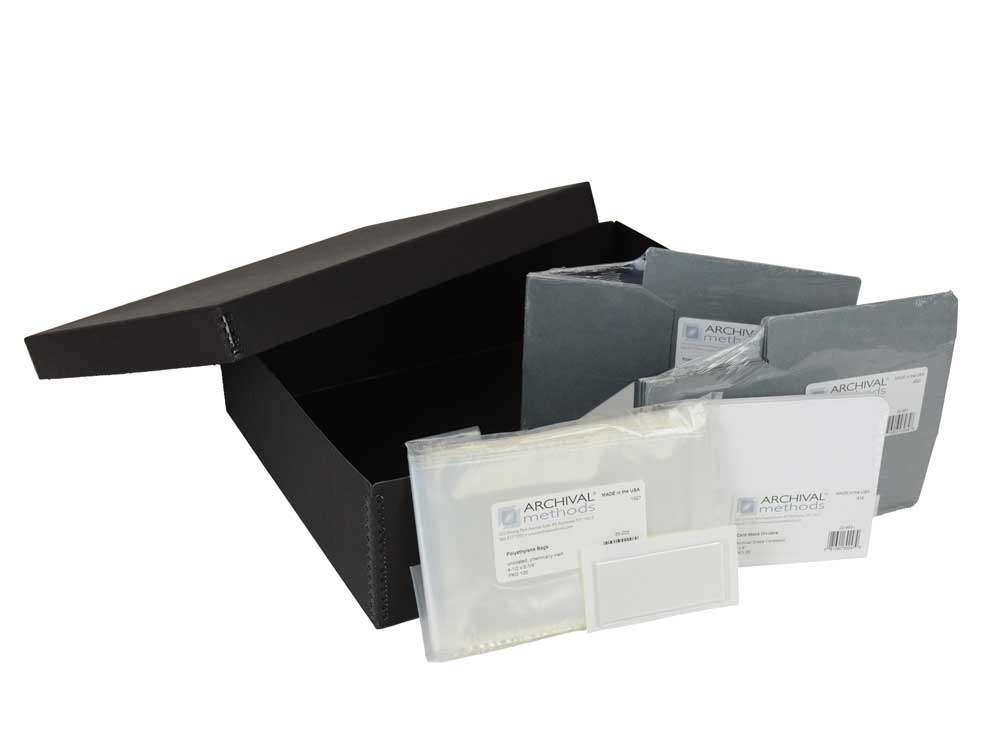 QPO 2400 Kit with a Hinged Lid Box, polyethylene bags, and print organizers for storing up to 2400 prints in archival protection.