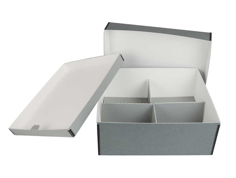 Archival Storage Kit with a short gray metal edge box, four-compartment divider, and top tray for preservation of heirlooms, photos, and documents.