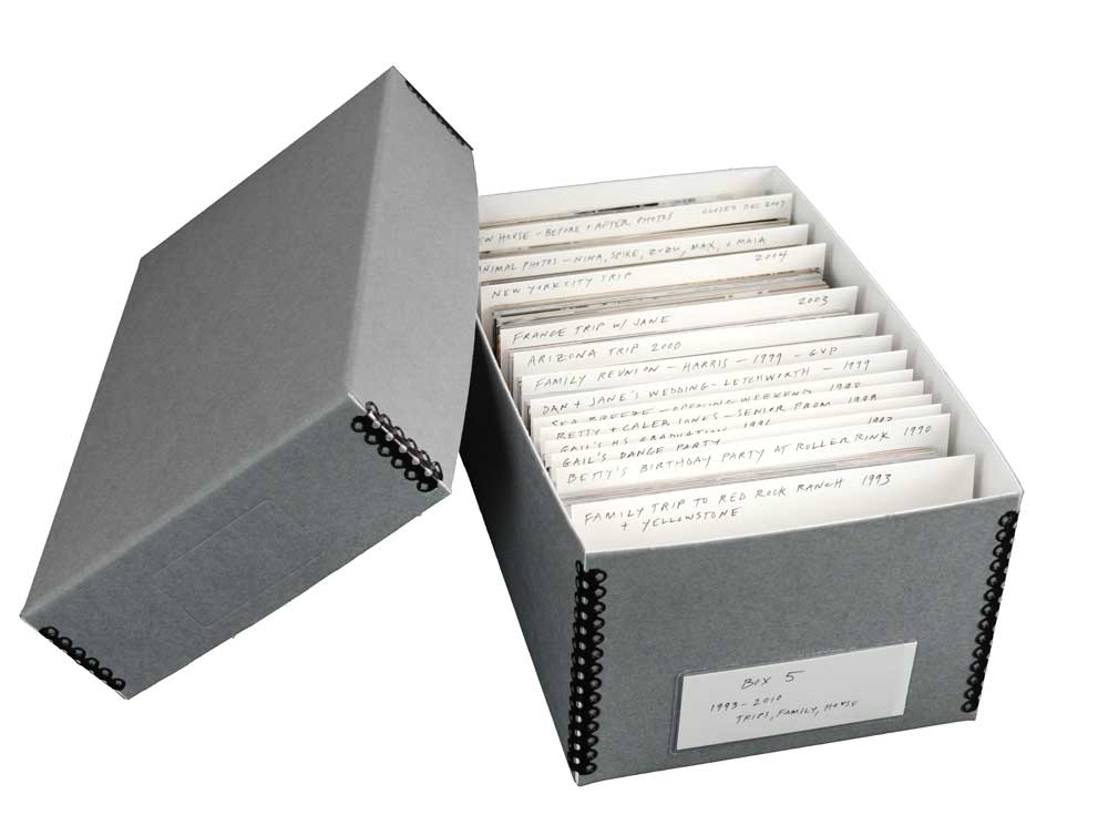 Budget Kit features an archival box, acid-free card stock dividers, and a box label for safely storing 4 x 6 photos