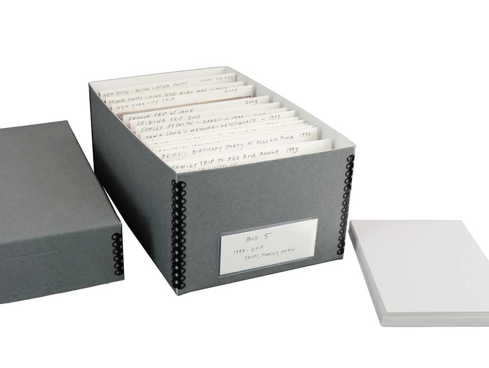 Budget Kit features an archival box, acid-free card stock dividers, and a box label for safely storing 4 x 6 photos