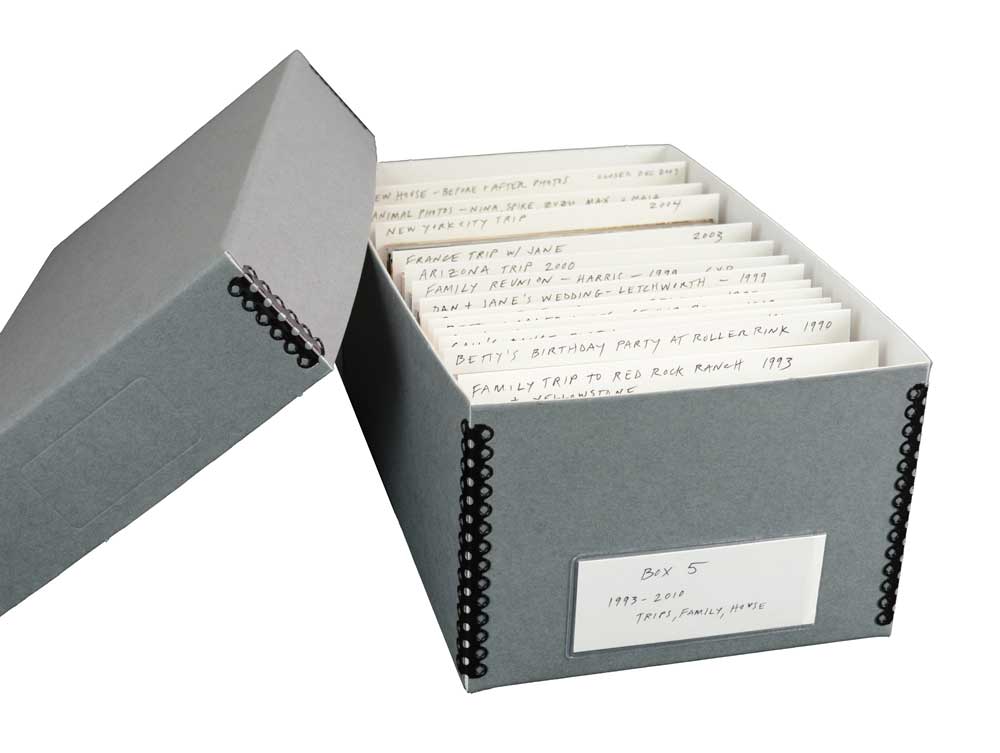Budget Kit features an archival box, acid-free card stock dividers, and a box label for safely storing 4 x 6 photos