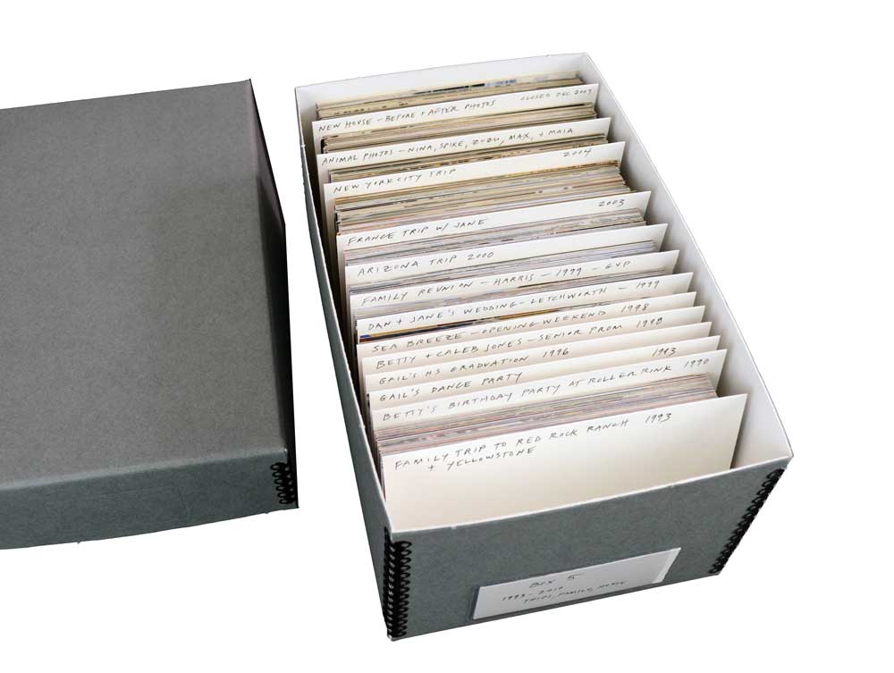 Budget Kit features an archival box, acid-free card stock dividers, and a box label for safely storing 4 x 6 photos