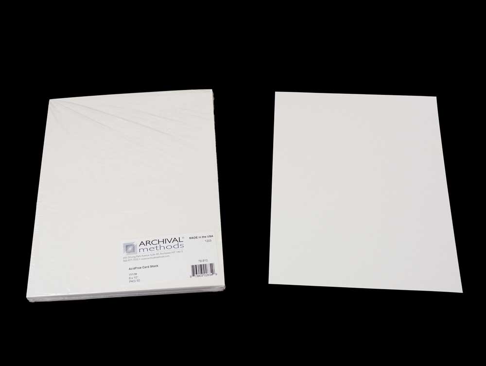Archival White Card Stock, acid-free and lignin-free, ideal for mounting photos, documents, and as support inserts in archival storage. 