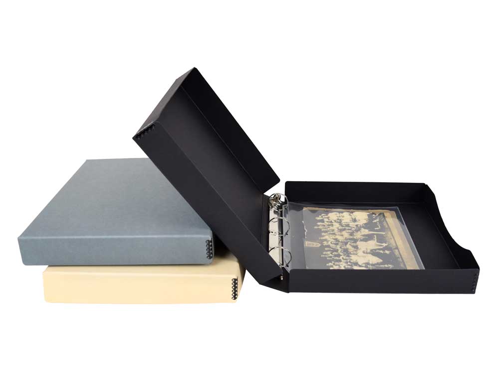 Binder-In-A-Box combines a 3-ring binder & box made from acid-free materials for preserving photos and documents. Showing: tan, black, gray. 