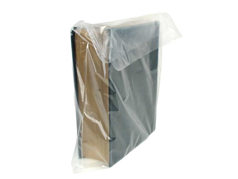 Acid-free Polyethylene Bags are shown protecting book, ideal for safeguarding artwork, collectibles, and ephemera in archival storage.