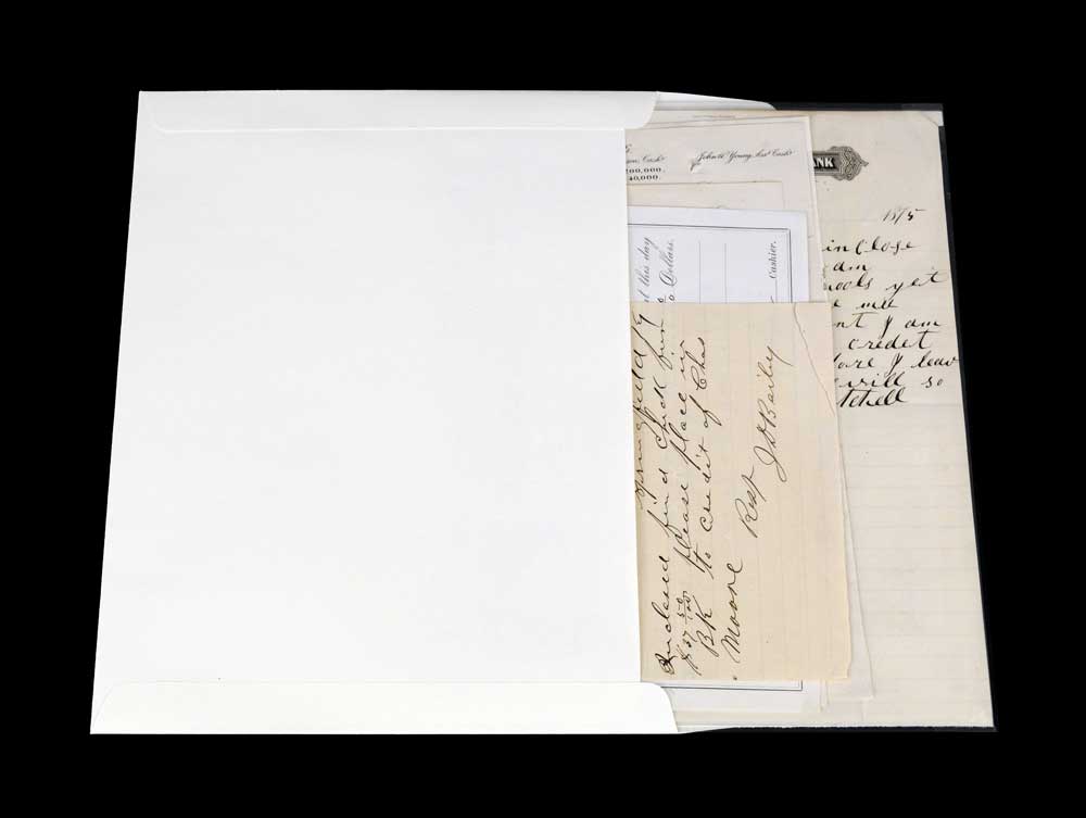 Antique documents and papers safely stored in archival acid-free envelopes