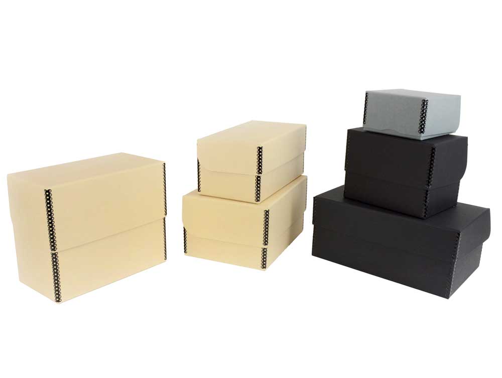 Hinged Lid tan archival storage box made from acid-free materials, top closed, showing tan, black, and gray options, designed for preserving photos and documents.