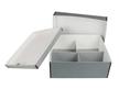 Archival Storage Kit with a short gray metal edge box, four-compartment divider, and top tray for preservation of heirlooms, photos, and documents. thumbnail